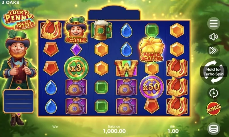 Lucky Penny Power Scatter - Simbol Power Scatter dengan syiling emas dan lampu latar
